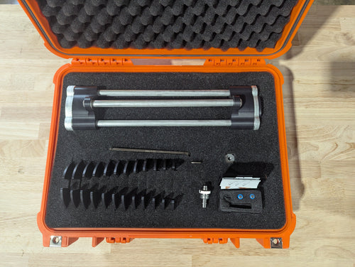 Shields Dead Center Jig in it's case with all the included parts.